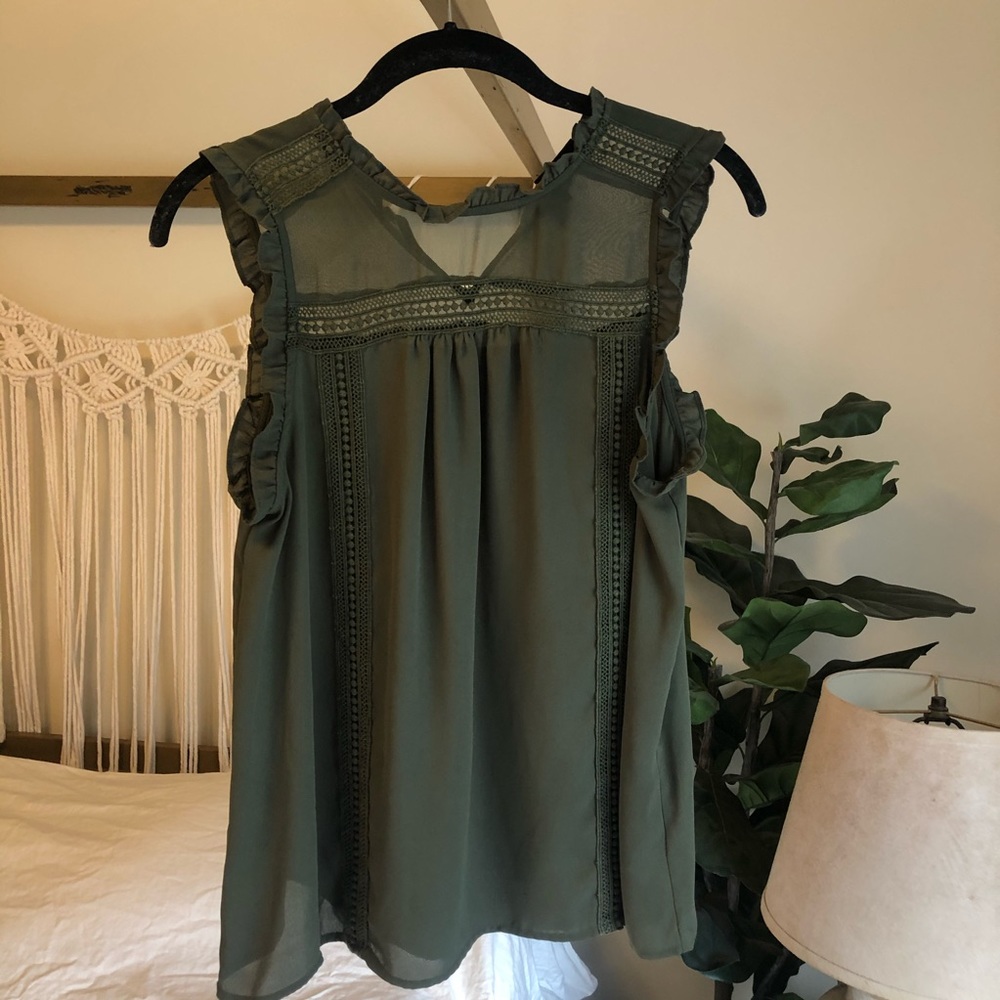 Small Olive Green Sheer Ruffle High-Neck Tank